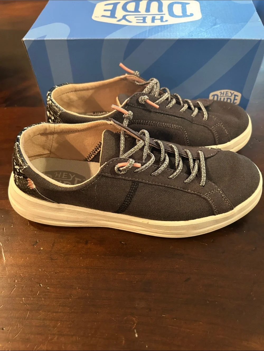 Hey Dude Womens’ Charcoal Canvas Sneakers with White Sole.